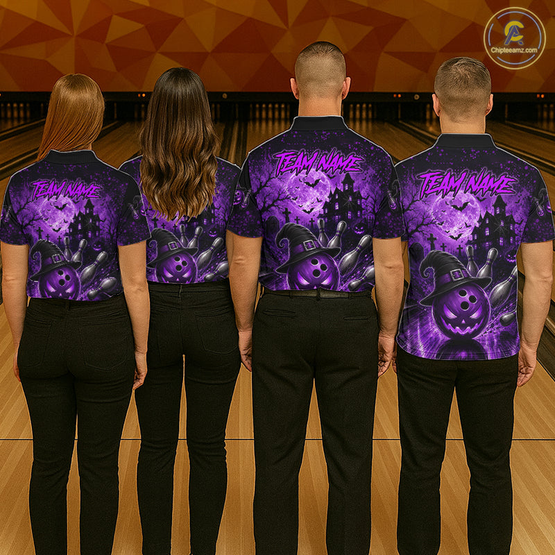 Halloween Bowling Shirt Personalized Purple Pumpkin Bowling Shirt For Women Team Name NHT1381