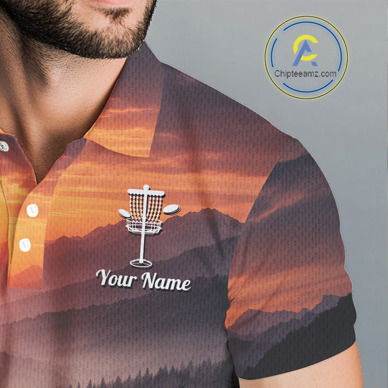 Mens Disc Golf Shirts Custom Mountain Sunset Polo, Lightweight Performance Wear Team Disc Golf Apparel NHT802