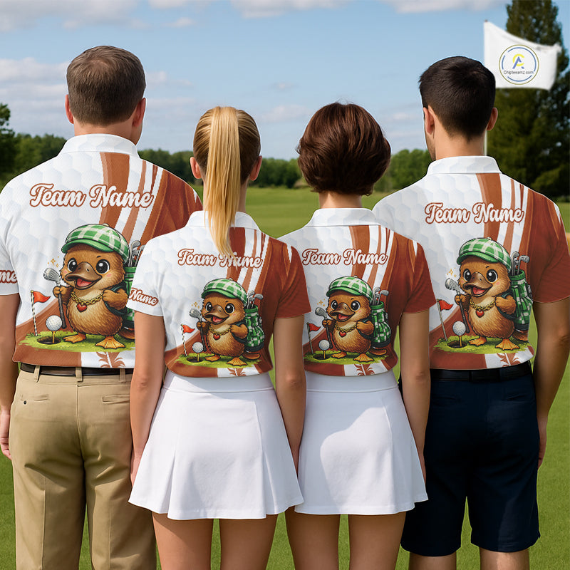 Funny Mens Golf Polo Shirt Custom Brown And White Platypus Pattern White Golf Shirts NHT576