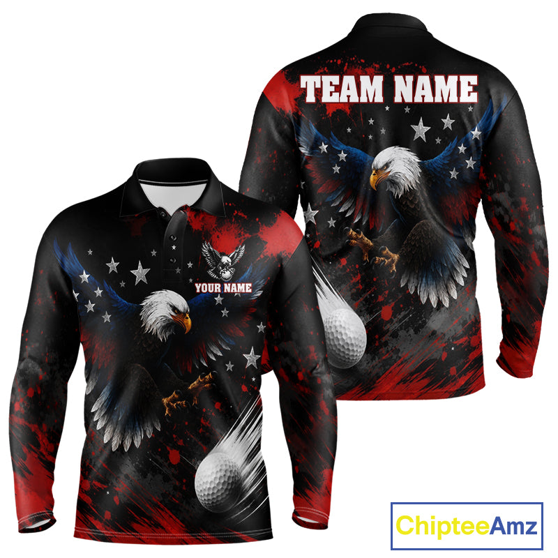 Front and back view of Red White Blue American flag eagle mens long sleeve golf polo shirt with personalized name