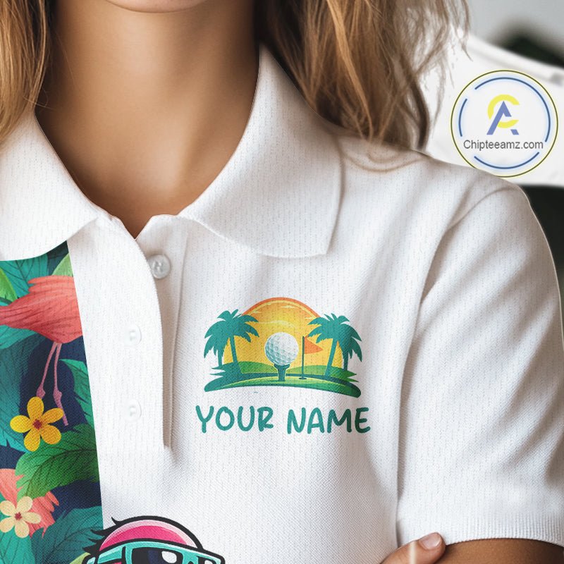 Funny Flamingo Womens Golf Polo Shirts Colorful Tropical Flamingo Custom Name, Golf Gifts NBT487