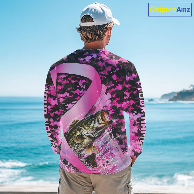 Angler wearing pink ribbon camouflage bass fishing breast cancer long sleeve sun protection shirt on the water - back view