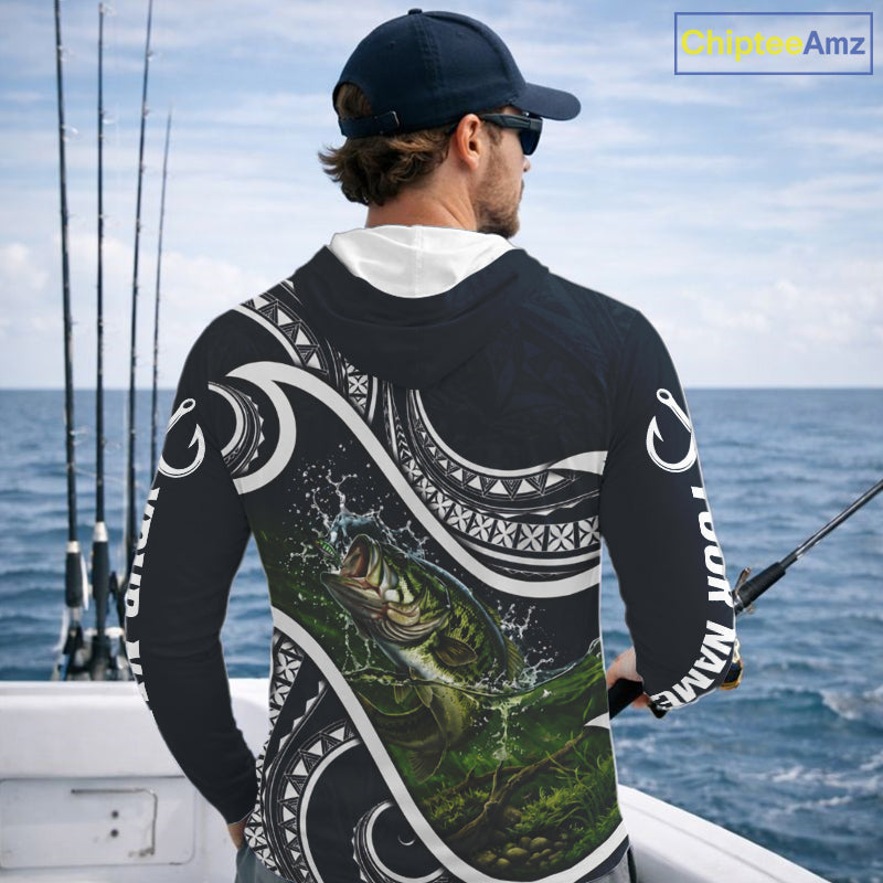 Angler wearing blue tribal pattern custom largemouth bass long sleeve hooded fishing shirt on the water