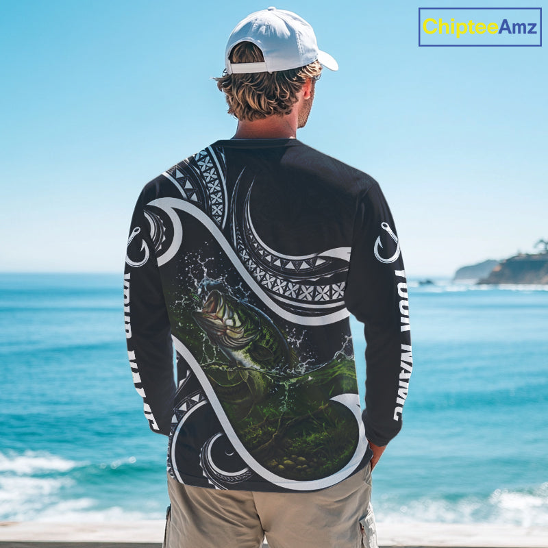 Angler wearing blue tribal pattern custom largemouth bass long sleeve fishing shirt on the water