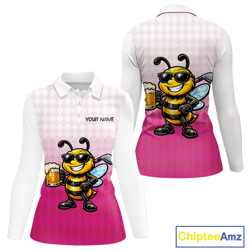 Funny Bee Golf Polo Shirt For Women, Cute Bee With Beer Print Shirt, Sporty Animal Golf Gift|Pink NBT666
