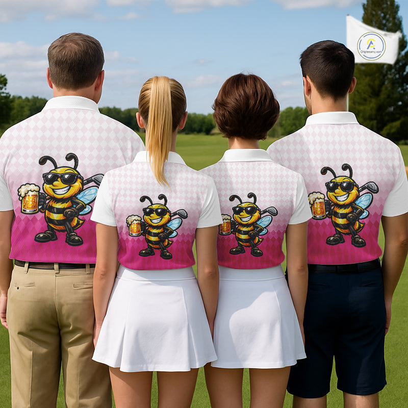 Funny Bee Golf Polo Shirt For Men, Cute Bee With Beer Print Shirt, Sporty Animal Golf Gift|Pink NBT666