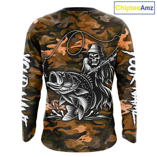 Reaper Fishing Largemouth Bass Long Sleeve Fishing Shirts Orange Camo, Camo Fishing Shirt NBT393