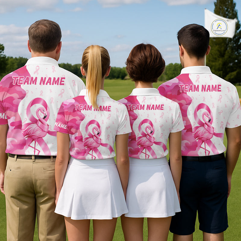 Four people in matching pink and white flamingo breast cancer awareness golf outfits on a golf course with "Team Name" on the back.