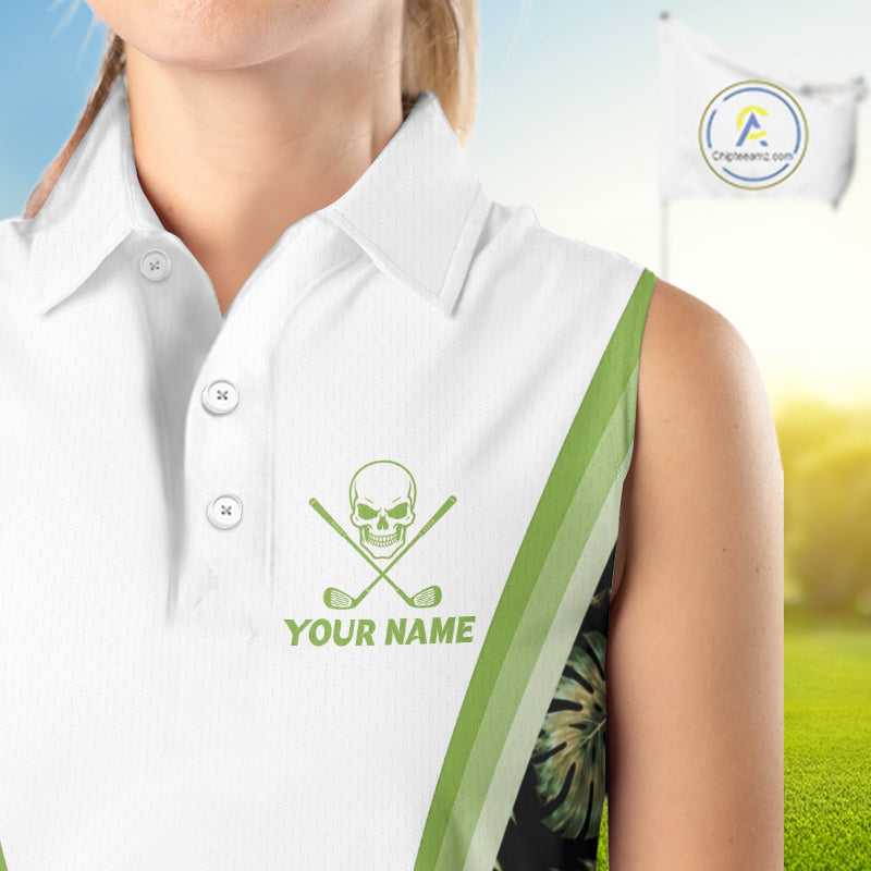 Custom Womens Sleeveless Golf Polo Shirts Funny Tropical Leaf Cross Skull Golf Clubs White Golf Shirt|Green NBT706