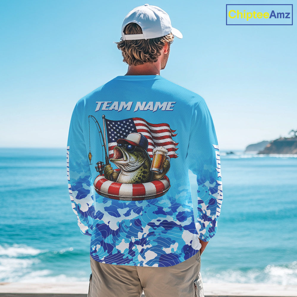 Blue Camouflage Bass Fishing American Flag Fishing Shirts Long Sleeve, Custom Patriotic Bass Shirt NBT977