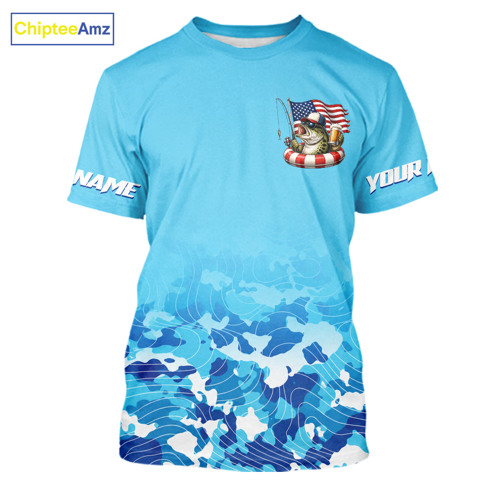 Blue Camouflage Bass Fishing American Flag Fishing T-Shirts, Custom Patriotic Bass Shirt NBT977