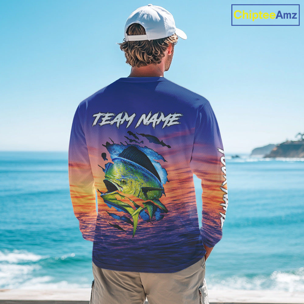 Mahi Mahi Fishing Sunset Custom Fishing Long Sleeve Shirt, Mahi Mahi Offshore Fishing Apparel NBT854
