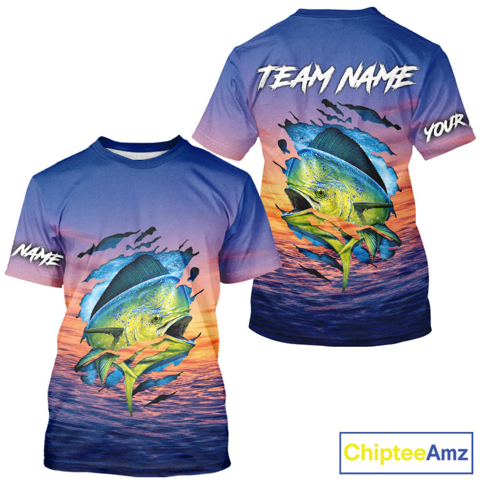 Mahi Mahi Fishing Sunset Custom Fishing T-Shirt, Mahi Mahi Offshore Fishing Apparel NBT854