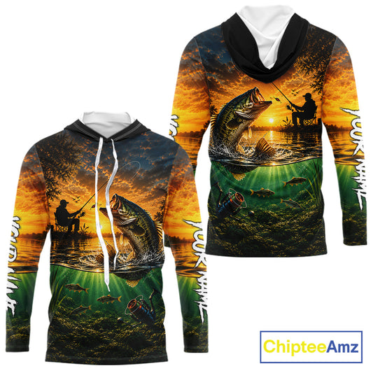 Largemouth Bass Fishing Custom Performance Long Sleeve Hooded Fishing Shirt, Bass Fishing Jerseys NBT946