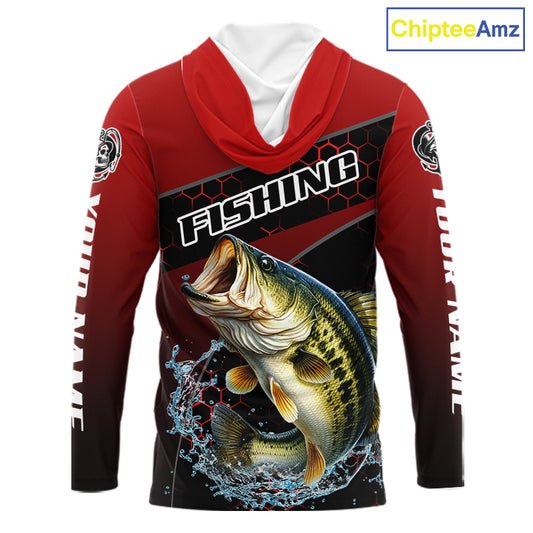 Largemouth Bass Hooded Fishing Shirts Red Camo Custom Name, Bass Fishing Shirts NBT463