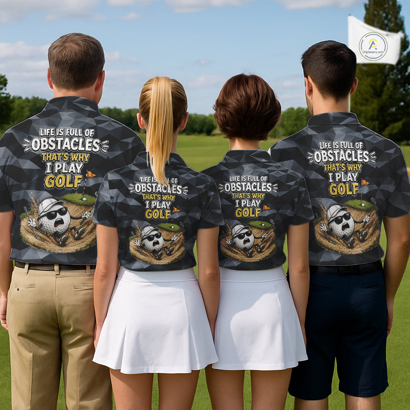 Four people wearing matching golf-themed shirts on a golf course.
