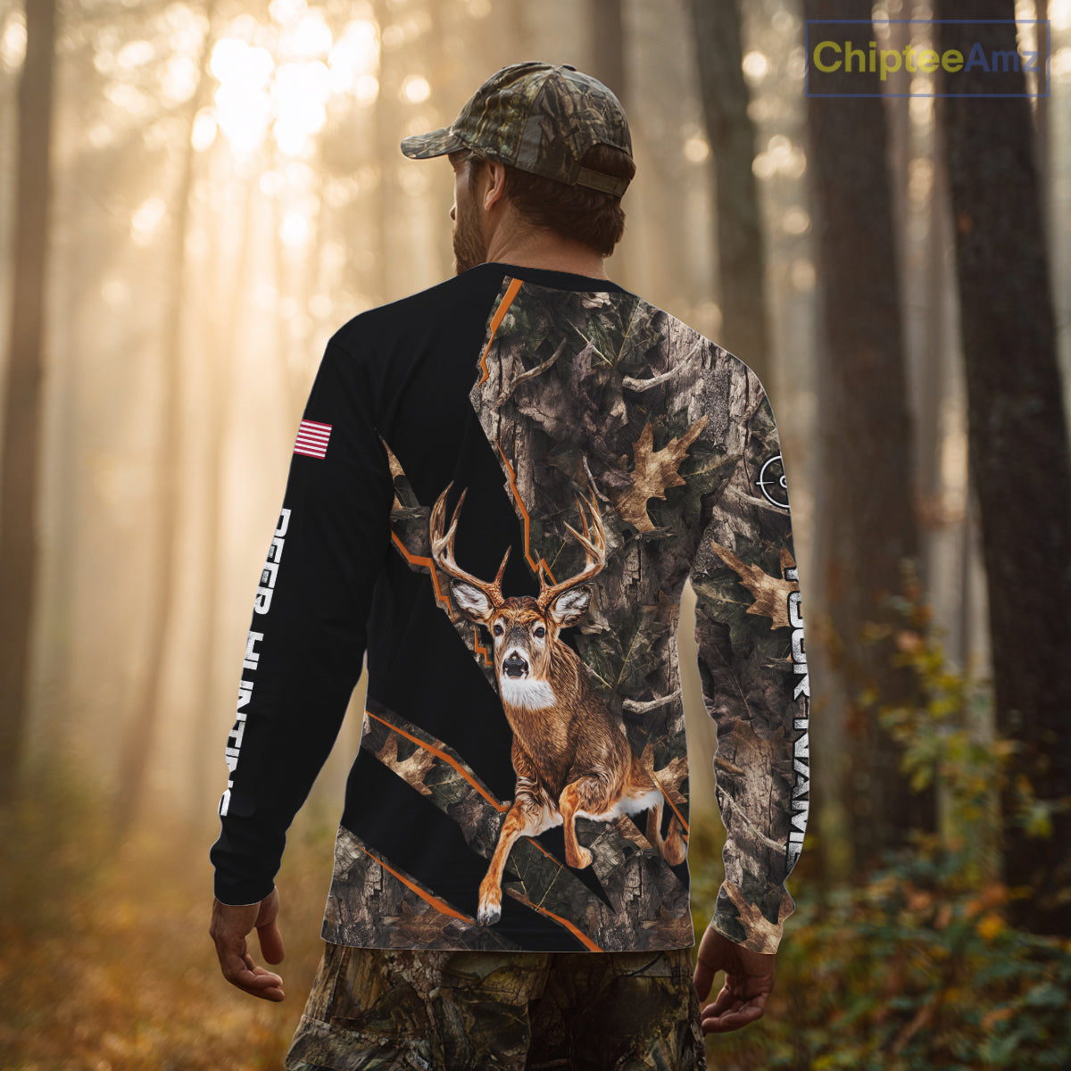Whitetail Deer Hunting Brown Camo with Scope US Flag Shirts, Deer Hunting Clothes for Hunters NBT230