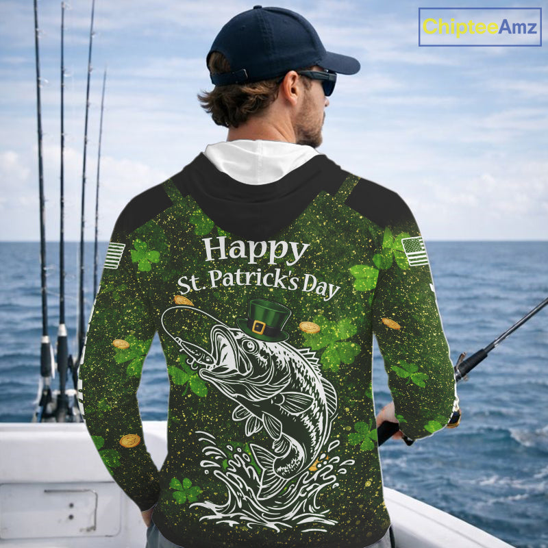 Custom St Patrick's Day American Flag Bass Long Sleeve Hooded Fishing Shirts, Patriotric Bass Fishing Jerseys NBT381