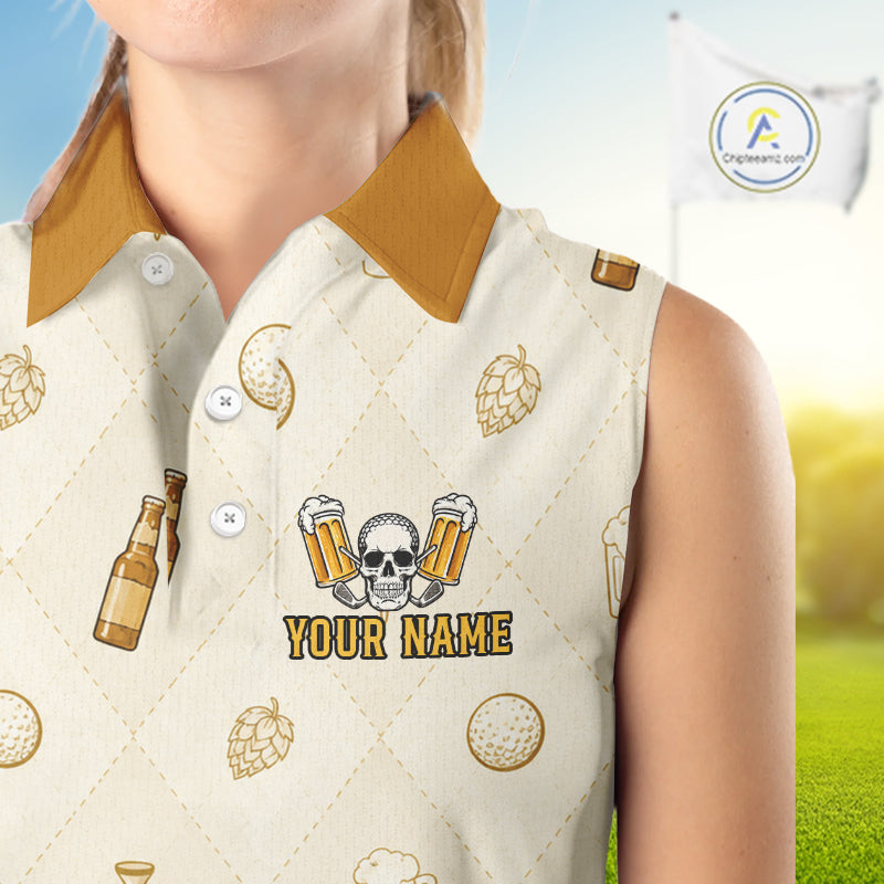 close up beer argyle pattern on womens sleeveless golf polo shirt