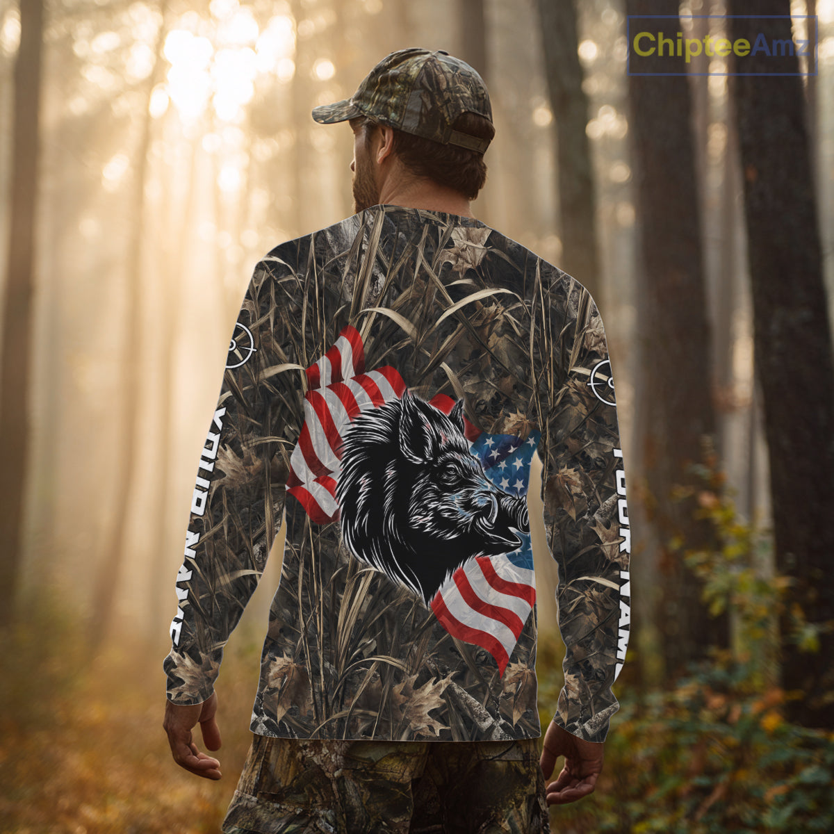 Custom Wild Boar Hunting Camo Full Printing US Flag Shirts Boar Hunting Gifts for Hunters NBT257