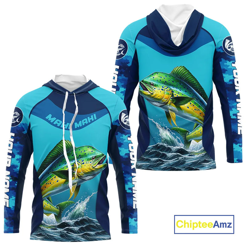 Custom Mahi Mahi Long Sleeve Hooded Fishing Shirts For Team, Saltwater Performance Fishing Shirt NBT350