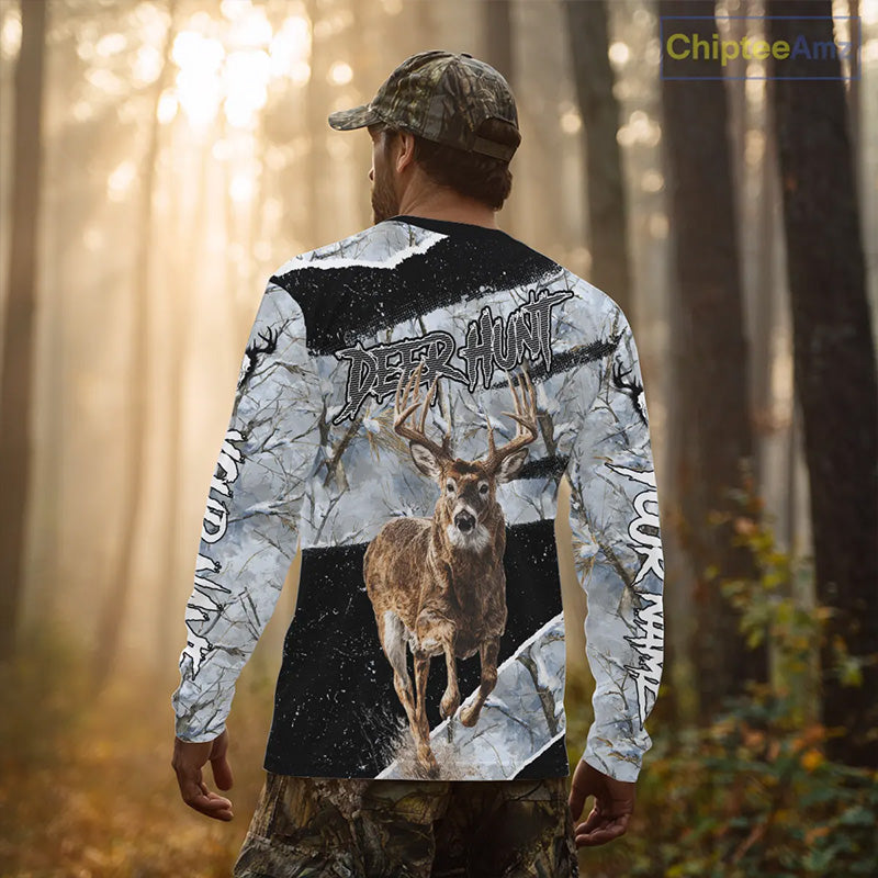 Winter Whitetail Deer Camo Customize Name 3D Printed Long Sleeve Hunting Shirts for Men NBT260