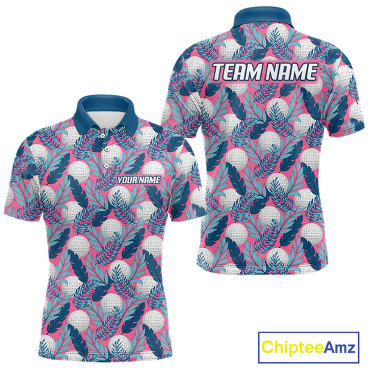 Custom Pink Blue Tropical Golf Ball Pattern Mens Polo Golf Shirts, Golf Gifts For Team NBT965