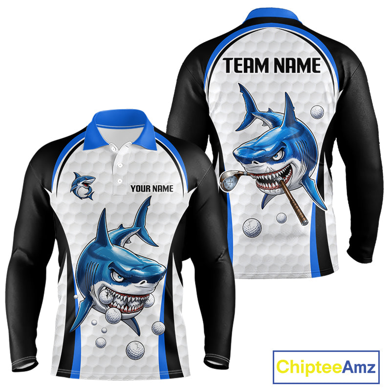 Custom Mens Golf Polo Shirt Funny Blue And White Shark Pattern Golf Shirts For Men, Team Golf Shirts NBT819