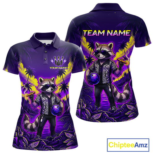 Funny Cool Raccoon Bowling Ball Shirt For Women Custom Blue Tropical Team Jersey Bowling League NBT903