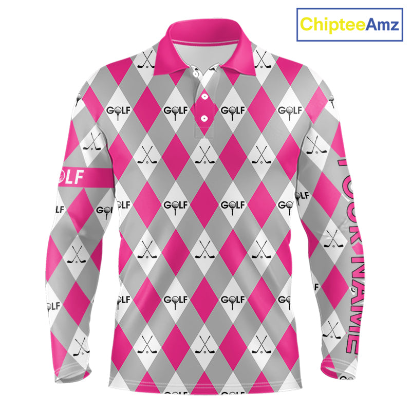 Pink Argyle Plaid Pattern Mens Golf Polo Shirts Custom Golf Attire For Men, Team Golf Shirt NBT639