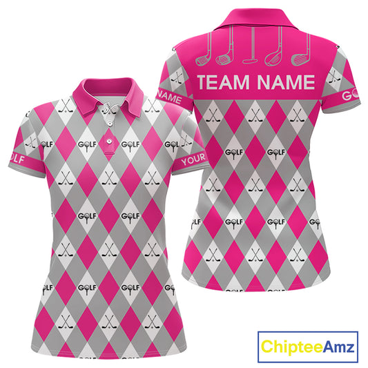 Pink Argyle Plaid Pattern Womens Golf Polo Shirts Custom Golf Attire For Ladies, Team Golf Shirt NBT639