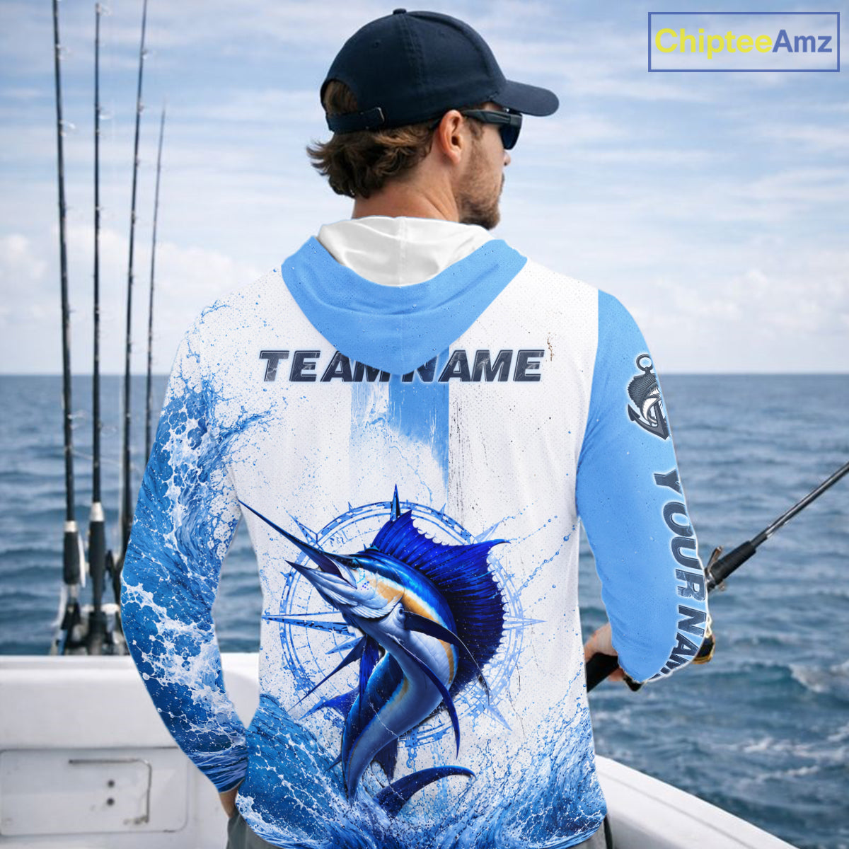 Angler wearing Sailfish long sleeve hooded fishing shirt custom sailfish fishing, breathable UPF 30+ long sleeve hooded fishing shirt on the boat