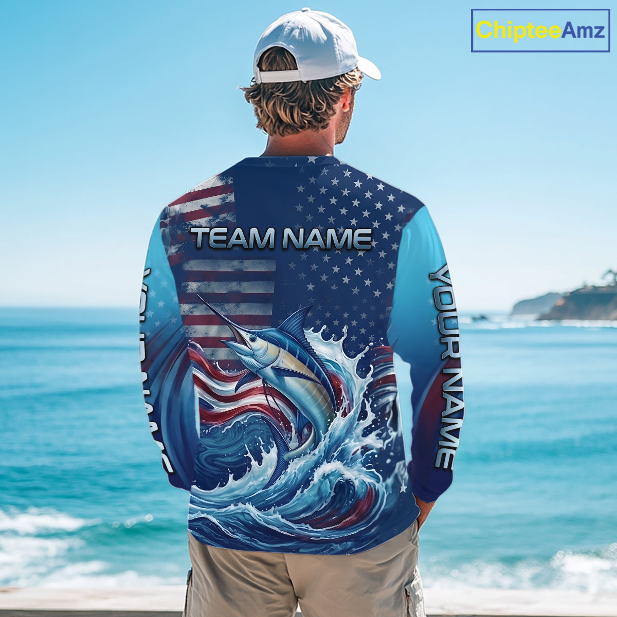 Back view American Flag Marlin Fishing Shirt personalized patriotic long sleeve UPF