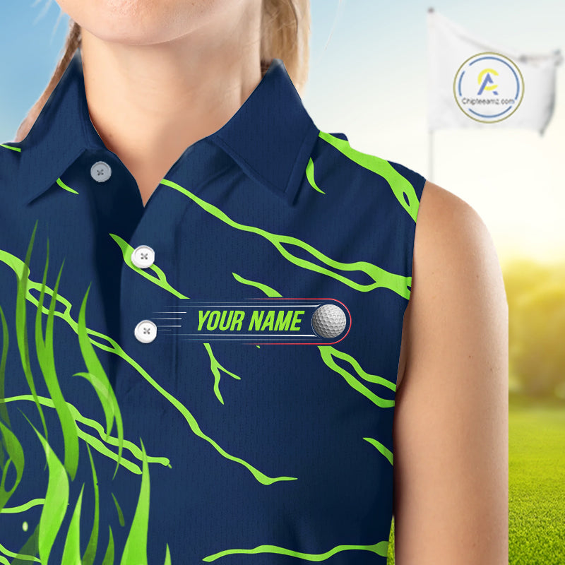 close up of green flame golf balls print on womens sleeveless golf polo shirt