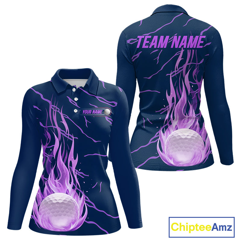 front and back view of long sleeve purple flame golf balls womens golf polo shirt for ladies