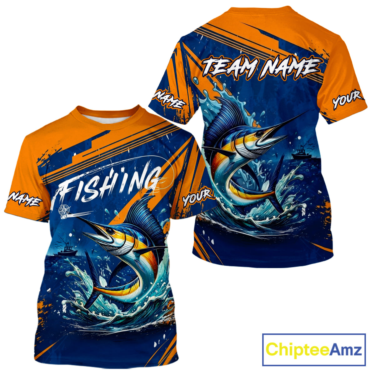 Custom Marlin Fishing Blue Orange T-Shirt, Marlin Saltwater Fishing Jerseys NBT857