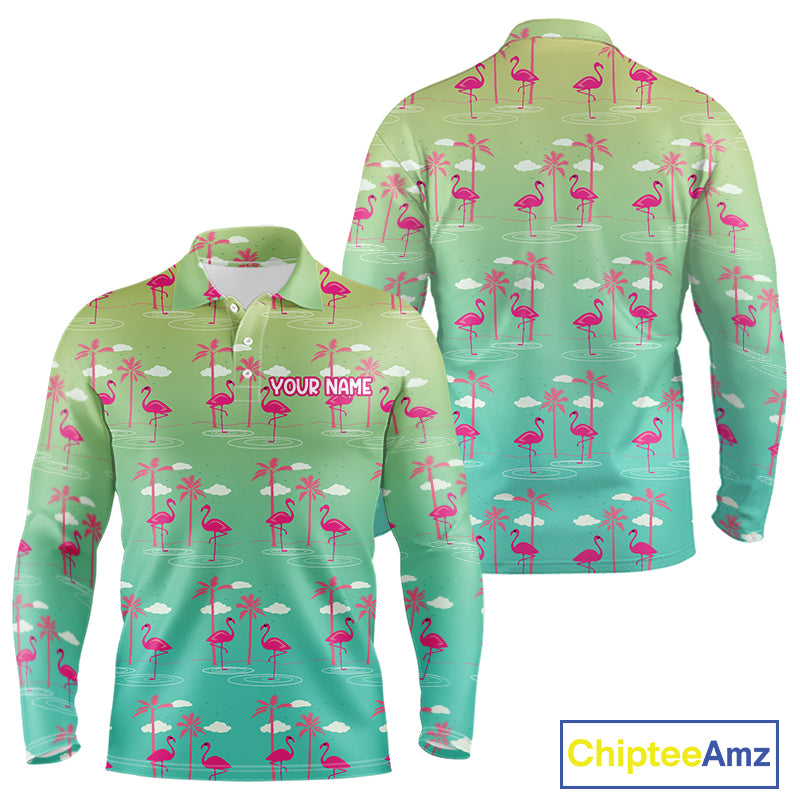 Pink Flamingo Palm Tree Mens Golf Polo Shirt, Tropical Golf Shirt, Cute Flamingo Print Summer Polo NBT538