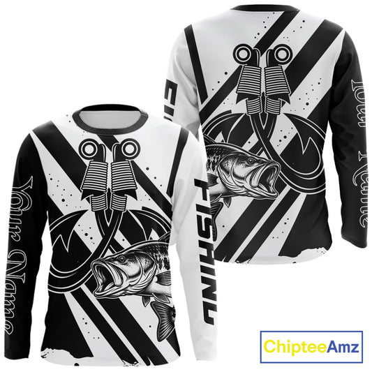 Front and back view of black and white largemouth bass sun protection fishing jersey