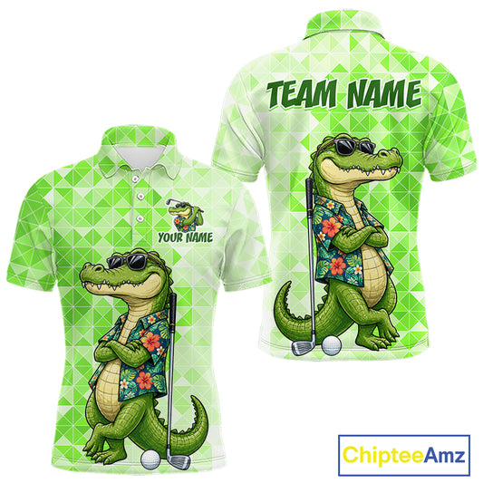 Funny Green Alligator Golf Polo Shirt Mens Custom Name Team Golf Shirts, Golf Gifts | Green NBT950