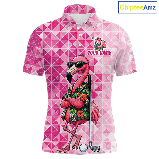 Funny Pink Flamingo Golf Polo Shirt Mens Custom Name Team Golf Shirts, Golf Gifts NBT956