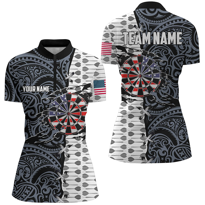 Split Tribal American Flag Darts Quarter-Zip Shirts Custom Patriotic Darts Shirt For Women LDT0819
