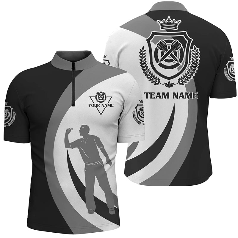Personalized Black Grey Crown Emblem Custom Darts Quarter Zip Shirt Cool Mens Dart Jersey LDT0365