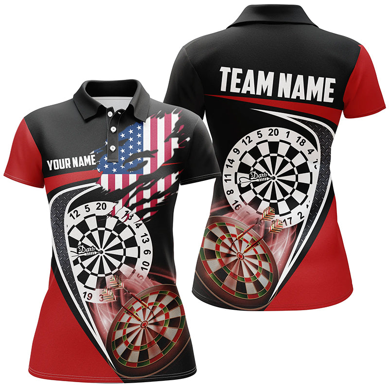 Black Red American Flag Womens Darts Polo Shirt Custom Patriotic Dart Jerseys For Women LDT1386