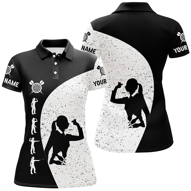 Womens Black White Grunge Darts Polo Shirt Personalized Darts Jersey For Women LDT0339