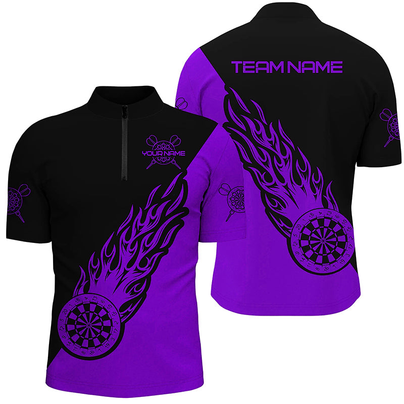 Personalized Purple Black Flame Darts Quarter Zip Shirt Darts Shirt For Men Dart Jerseys LDT1342
