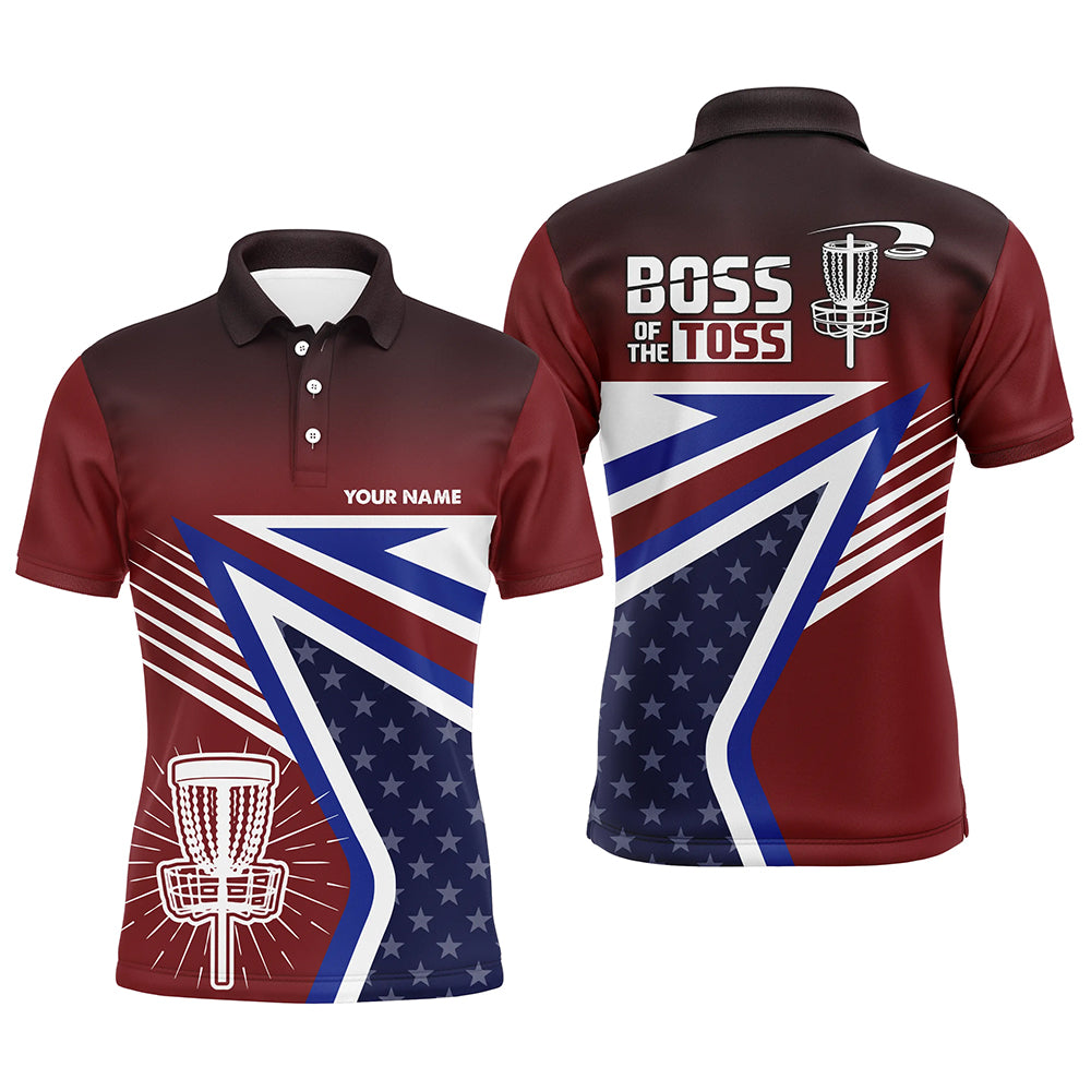 Boss Of The Toss American Flag Disc Golf Polos Custom Name Patriotic Golf Shirts For Men LDT0239