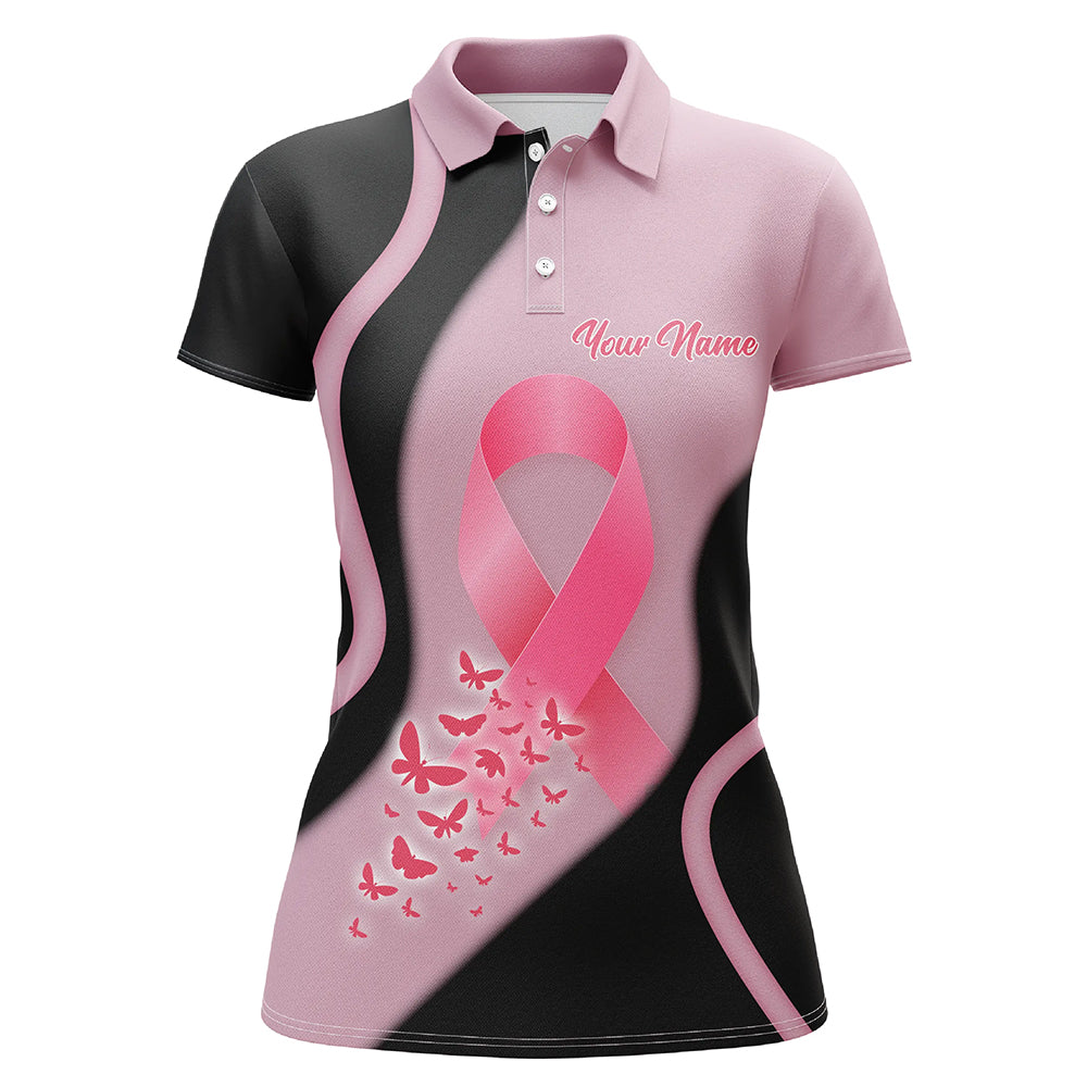 Black & Pink Butterfly Custom Womens Golf Shirt Breast Cancer Awareness Golf Tops For Ladies LDT0248