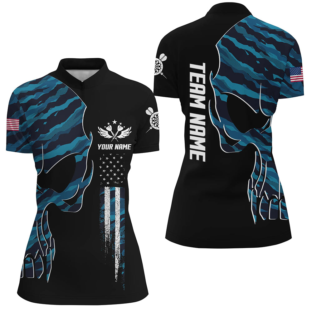 Skull Blue Camouflage American Flag Darts Quarter Zip Shirt Patriotic Women Dart Jerseys LDT0991