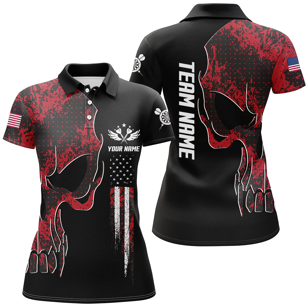 Red Grunge Camo American Flag Skull Darts Polo Shirt Patriotic Dart Jerseys For Women LDT0992