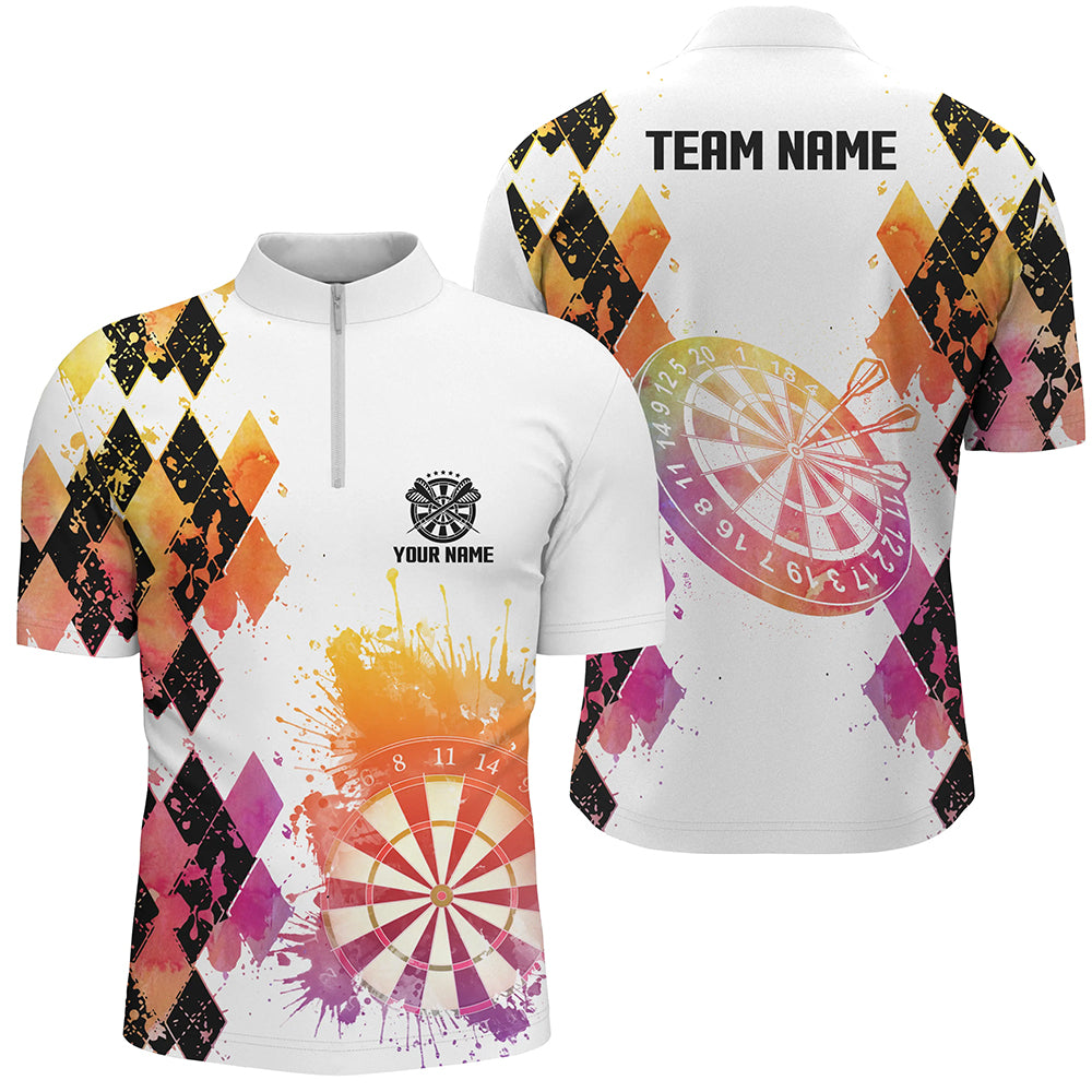 Colorful Watercolor Argyle Pattern Darts Quarter Zip Shirt Custom Dart Jerseys For Men LDT1005